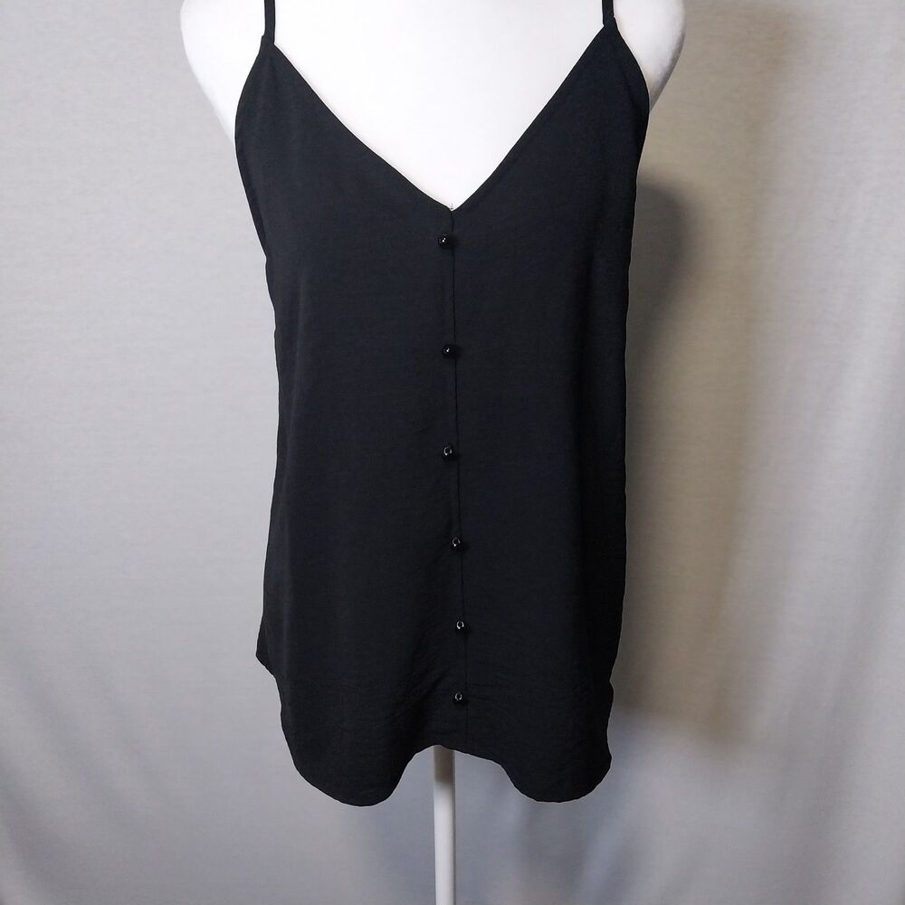 Culture Code Black Faux Button Front Cami Tank Top V-Neck Spaghetti Strap Size L